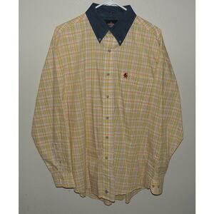 PBR Prof. Bull Riders Mens Large Button Shirt Yellow Plaid Blue Collar Red Logo